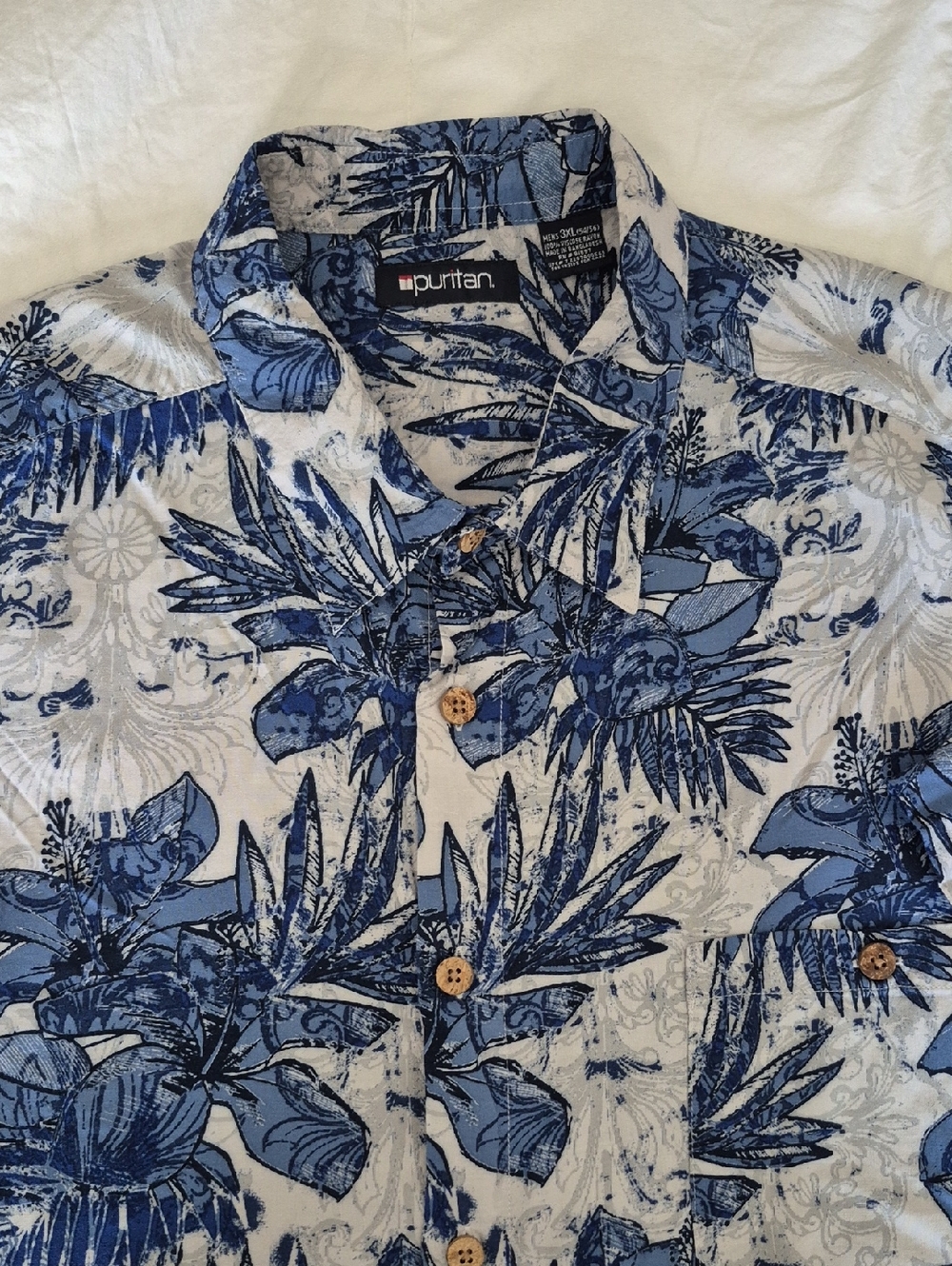 Puritan Blue & White Tropical Print Men's Button-Down Shirt